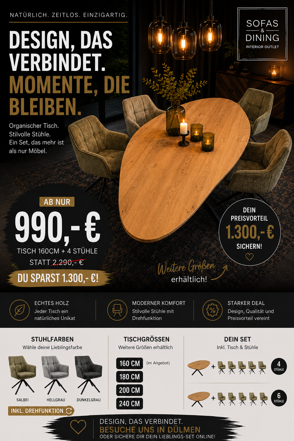 DEAL DES MONATS - Organischer Tisch CUBA inkl. Drehstuhl LIVANO